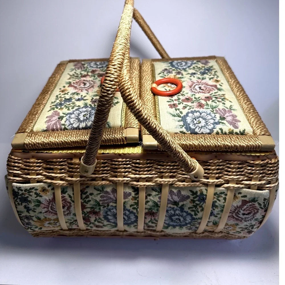 Collins WH Sewing Basket Vintage Floral Tapestry Wicker Gold Satin Lined